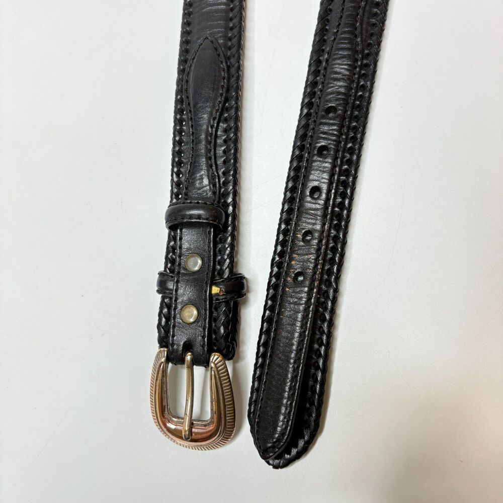 Leegin Womens Vintage Black Braided Belt Brass Buckle Size 36" Patina 1993